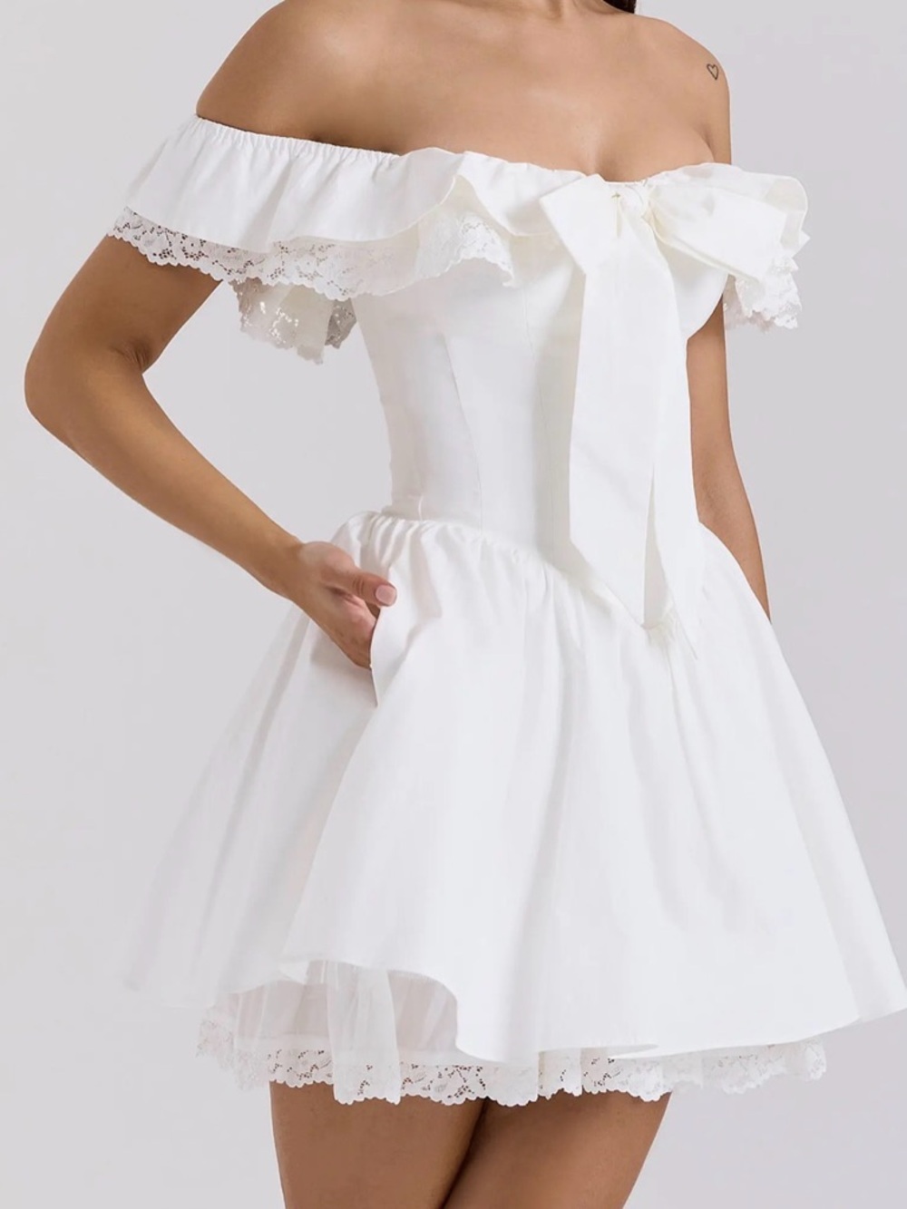 House of CB Jaide White Off-Shoulder Lace-Trim Mini Dress with Bow